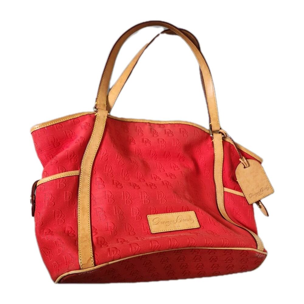 Dooney‎ and Bourke Red Canvas XL Logo Tote Bag Travel Shoulder Leather Straps